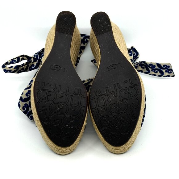 UGG Women's Lucianna Marrakech Night Silk Tie Blue/Cream Peep-Toe Wedge Size 8.5 - Picture 9 of 14